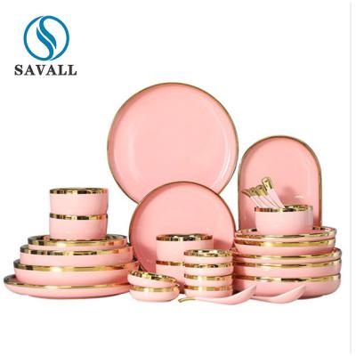 China Gold Rim Pink Round Porcelain Dinnerware Set for Coffee shop for sale