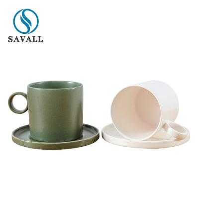 China Scratch Resistant 200ml White Green Porcelain Coffee Mugs With Saucer for sale