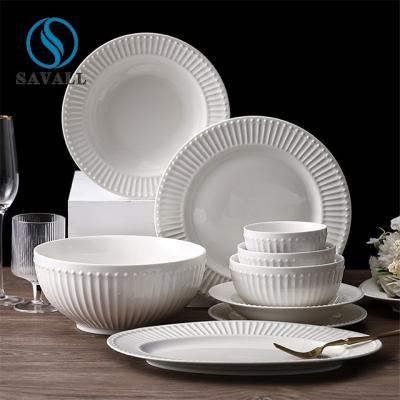 China White Embossed Ceramic Dishware Set For Restaurants Hotels for sale