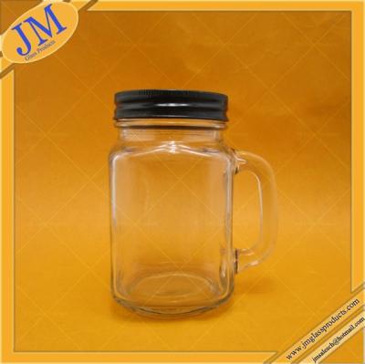 China 480ml mason jar with handle and black metal lid for sale