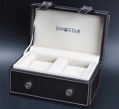 China Empty Double Watch Box Black Leather Elegant Style Wooden Watch Storage For Gift Packing for sale