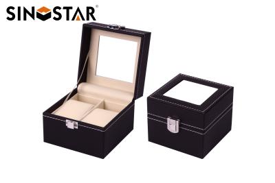 China Mens Black Leather Double Watch Box Display Glass Top Jewelry Case Organizer for sale