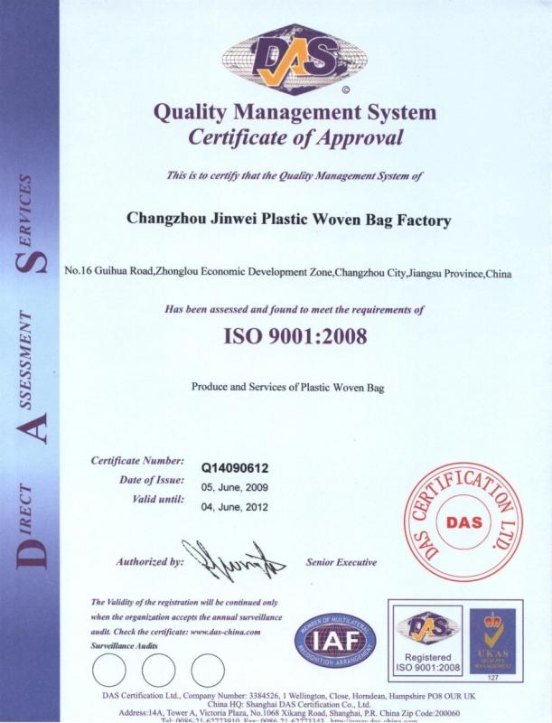 ISO 9001 :2008 - Changzhou jinwei plastic woven bag factory