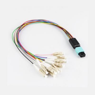 China CATV OM3 Ribbon Patch Cord MPO To LC UPC 12 Core Multimode Fiber Optic Cord for sale
