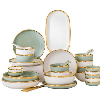 China Nordic Luxury Style Ceramic Tableware Set Emerald Green With Gold Rim for sale