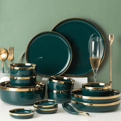 China Hot Sale Exquisite Life High Quality Gold Frame Dark Green Home Porcelain Dinner Set Ceramic Tableware Set for sale