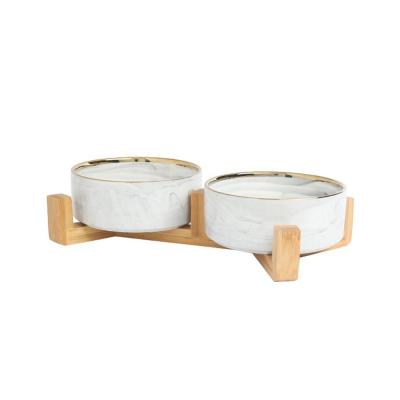 China Eco Friendly Marble Ceramic Raised Dog Bowls With Wooden Stand for sale