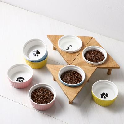 China Anti Corrosion Elevated Ceramic Cat Bowls , Ceramic Dog Feeding Bowls With Wood Frame for sale