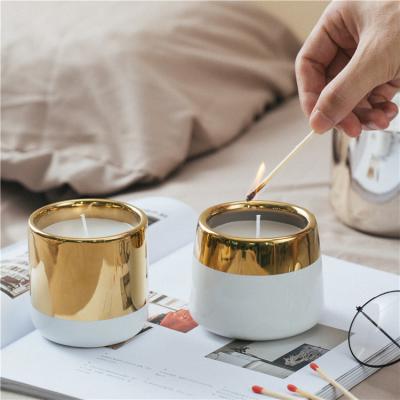 China Luxury Handmade Custom Ceramic Candle Jars With Golden Electroplated for sale