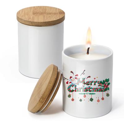 China Blanks White Ceramic Candle Jar With Bamboo Lid 300ml Capacity for sale