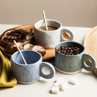 China 300ML Ceramic Nordic Ring Handle Coffee Mug Speckled Brief Novelty Pattern Milk Tea Cup Breakfast Milk Mug for sale