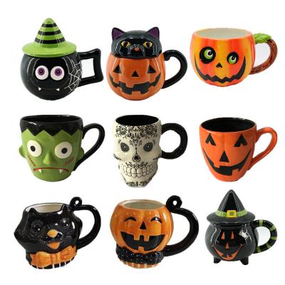 China Custom Ceramic Hand-painted Halloween Coffee Mug Creative 3D Embossed Cat Pumpkin Ghost Skull Witch Monster Mugs for sale