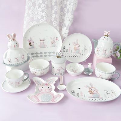 China Creative Cute Rabbit Ceramic Tableware Set Embossed Craft For Home Easter Dinnerware for sale