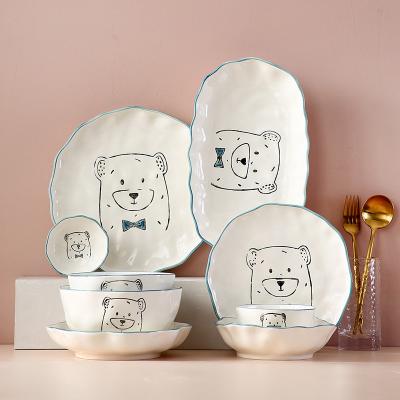 China Blue Bear Funny Ceramic Tableware Set Sustainable With Glazed Technique for sale