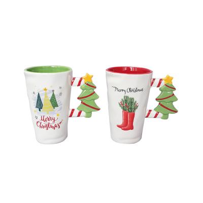 China Custom 500ml Ceramic Mugs , Ceramic Christmas Cup With Tree Handle for sale