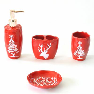 China Red Color Ceramic Bathroom Set With Christmas Trees Deer Pattern for sale