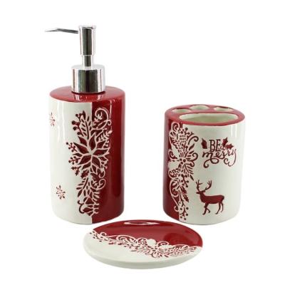 China 4 Pieces Bathroom Ceramic Accessories Set Red Painted Christmas Theme for sale