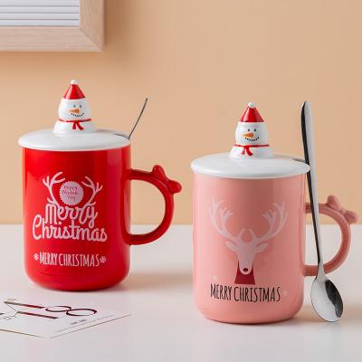 China New Festival Mug Christmas Round Santa Claus Lid Stainless Steel Spoon Elk Pattern Ceramic Mug With Cover for sale