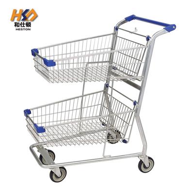 China 180L 2 Tier Double Basket Metal Shopping Cart With Wheels Trolley For Retail Shop for sale