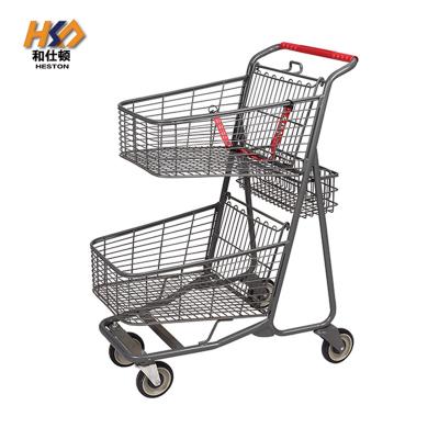 China Hand Push 180 Litre 1.1M 2 Basket Shopping Trolley Portable Rolling Carts For Groceries for sale