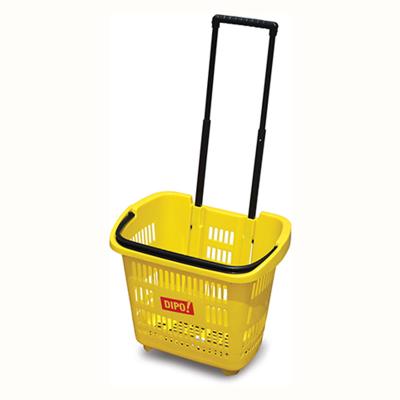 China 35L Rolling Grocery Plastic Basket Trolley With Wheels Supermarket Shopping for sale