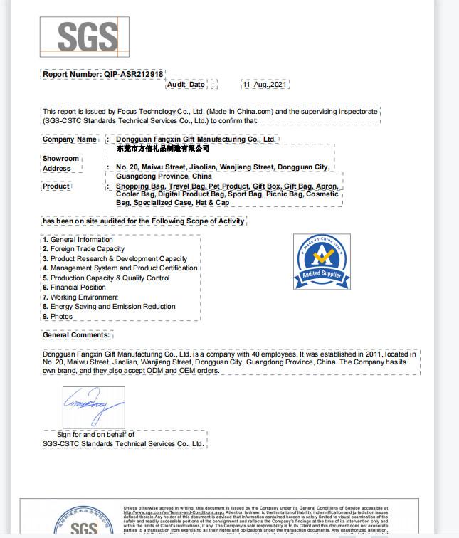 SGS - Dongguan Fangxin Gift Manufacturing Co., Ltd.