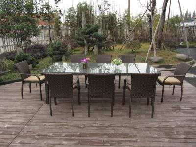 China Dark Brown Rattan Garden Dining Sets With Table And 8pcs Arms Chair for sale