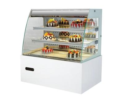 China Curved Horizontal Glass Cake Display Case Dessert Refrigerators For Supermarket for sale