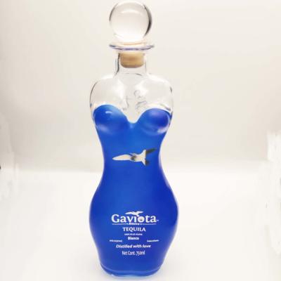 China Partial Blue Coating Tequila Glass Bottle Solid Glass Stopper 750ml Tequila Bottle for sale