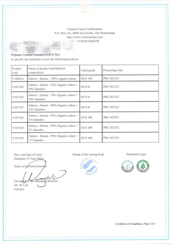 Certificate of compliance - Changzhou Smart Textile Products Co.,Ltd.