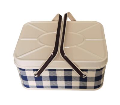 China Vintage Rectangular Metal Tin Lunch Box Outdoor Picnic tin Basket With Lid And Handle for sale