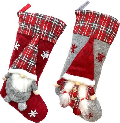 China Christmas Stockings New Set 3D Gnomes Santa Christmas Stockings Personalized Soft Classic Red and Grey Fireplace Hanging for sale