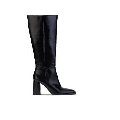 China Black Leather Thigh High Boots With Heel Knee-High Boots With Chunky Heels for sale