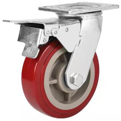 China 4x2, 5x2,6x2,8x2 Red PU Swivel Heavy Duty  Caster with brake China factory castor wheels manufacturer and exporter for sale