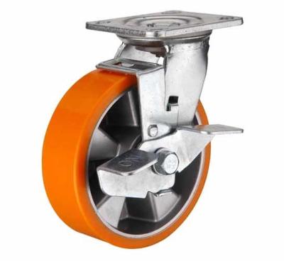 China 6 inch Orange color Swivel aluminium core PU wheel for heavy duty caster with side brake for sale