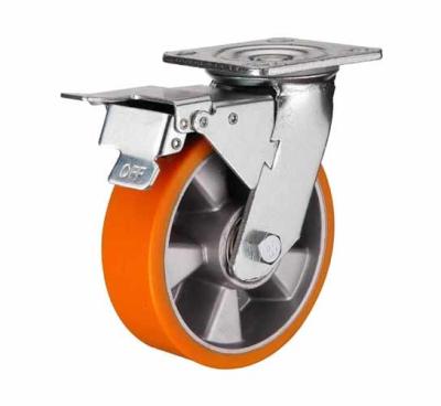 China rueda de aluminio de la PU de la base del eslabón giratorio anaranjado del color de 6 pulgadas para el echador resistente con el freno lateral en venta