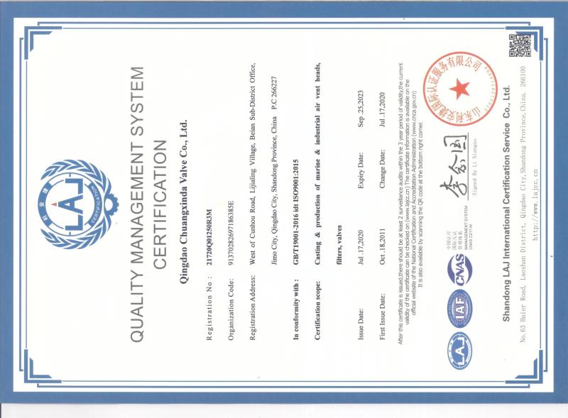 ISO9001 - QingDao CXD Marine Valve Co., Ltd.