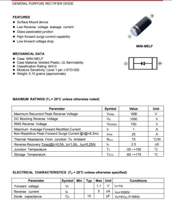 Chine diode d'usage universel Sod80 4007 1n4007 LM4007 de Schottky de puissance de 1A 1.1V à vendre