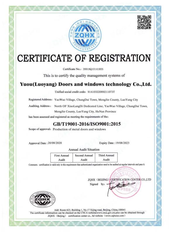 ISO9001 - YUOU(LUOYANG) DOORS AND WINDOWS TECHNOLOGY CO., LTD.