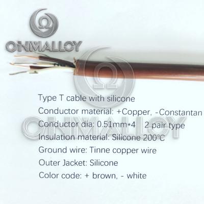 China Type T Thermocouple Cable Silicone 200 Degree Insulated Wire 0.51mmx4 for sale