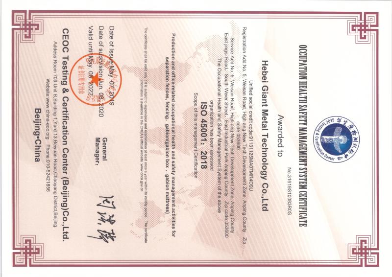 Occupation Health saffty Management system certificate - Hebei Giant Metal Technology co.,ltd