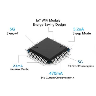 China IoT WiFi Module Energy-Saving Design 5G 5.2uA Sleep Mode 2.4G 77mA Receive Mode 5G 470mA TX Current Consumption for sale