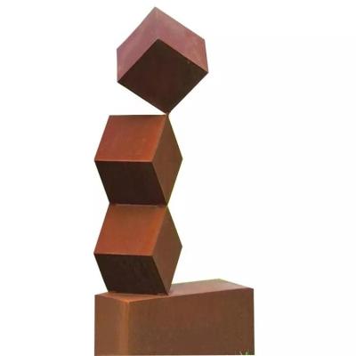 China Large Garden Cube Shape Rusty Metal Statues Corten Steel Outdoor Sculpture for sale