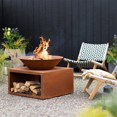 China Outdoor Garden Modern Rusty Corten Steel Fire Bowl With Log Storage for sale