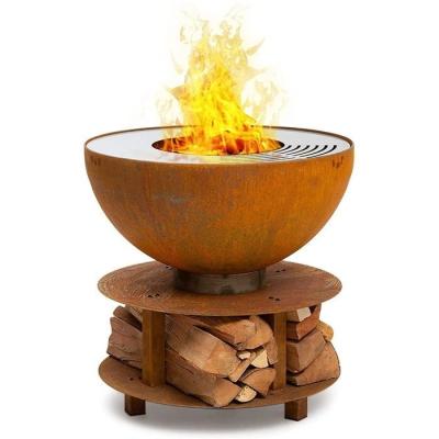 China Camping Rusty Firewood Storage Brazier Corten Steel Round Fire Bowl Barbecue for sale
