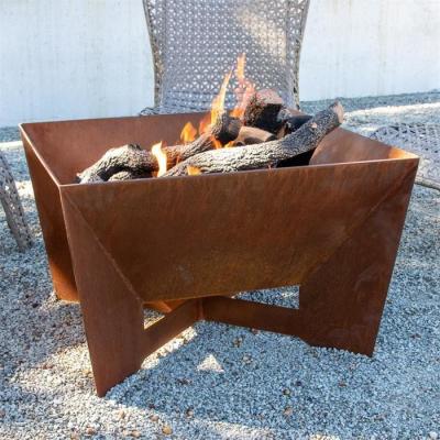 China Portable Outdoor Wood Burning Square Geometric Corten Steel Fire Pit for sale