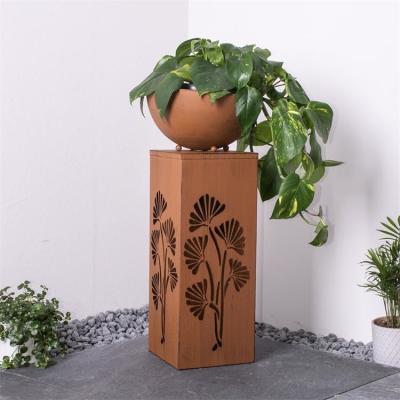China Outdoor Rust Metal Decorative Column Solar Light Box With Removable Plant Bowl for sale