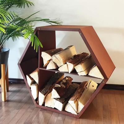 Chine Bois hexagonal de cheminée extérieure empilant le support en acier de rondin de bois de chauffage de Corten à vendre
