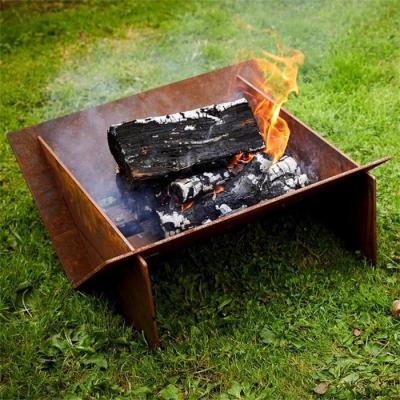 China Custom Wood Burning Rusty Metal Corten Steel Geometric Fire Pit With Grill for sale