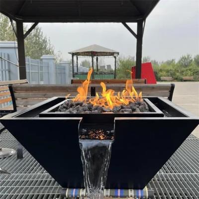 China Outdoor Decorative Square Black Steel Gas Pool Fire Water Feature For Swimming Pool for sale